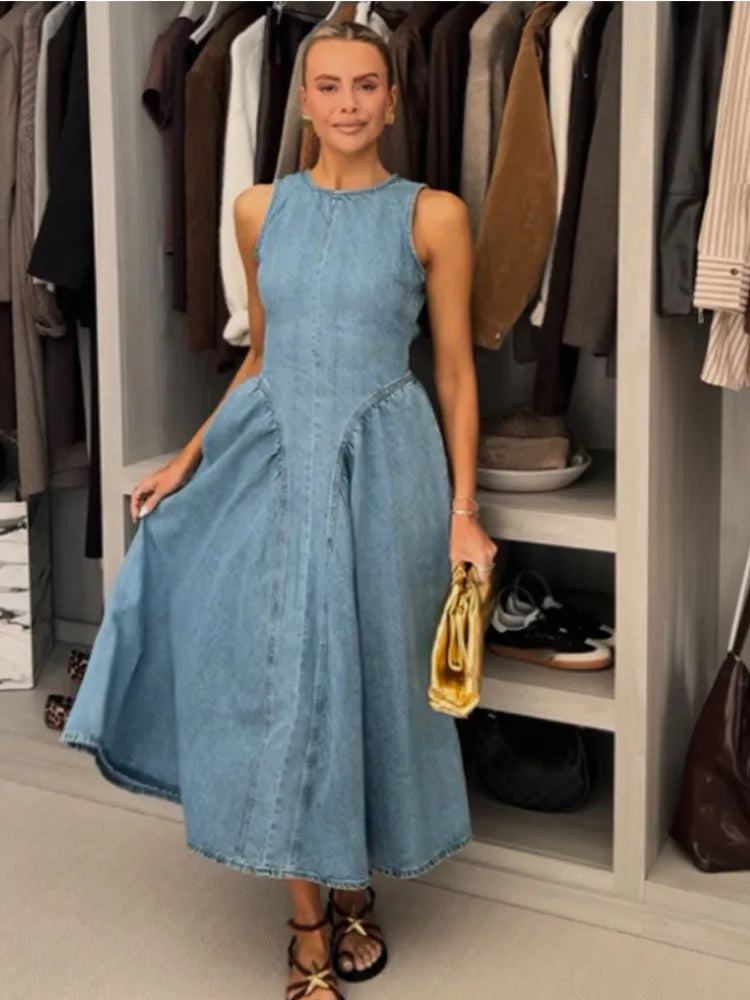 Denim Slim O-Neck Sleeveless High Waist Pleated Work Dress - View 5 | VelvetHem