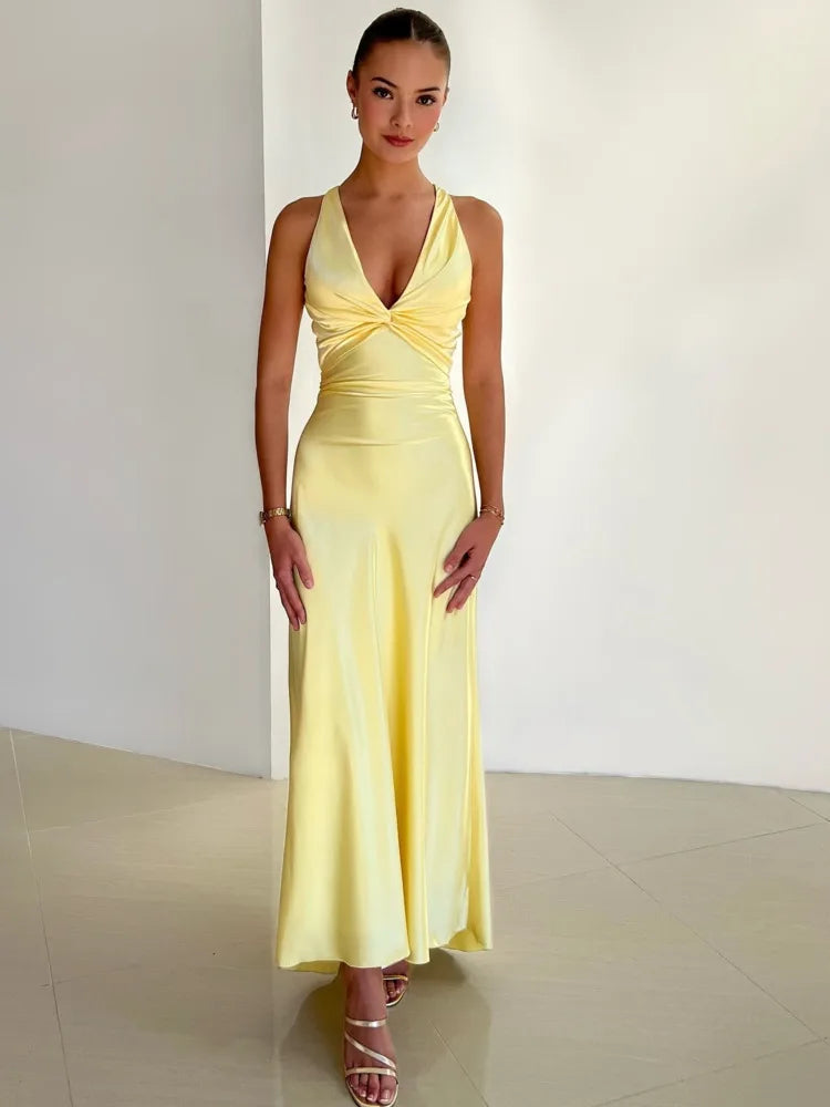 Satin Ruched Backless Maxi Dress - VelvetHem