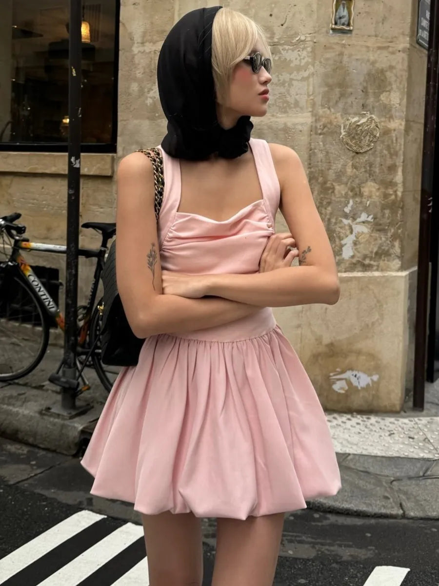 Spring Pink Sweet Mini Dress Women Square Collar Sleeveless Short A line Vestidos Elegant Fashion Casual Female Dresses 2025