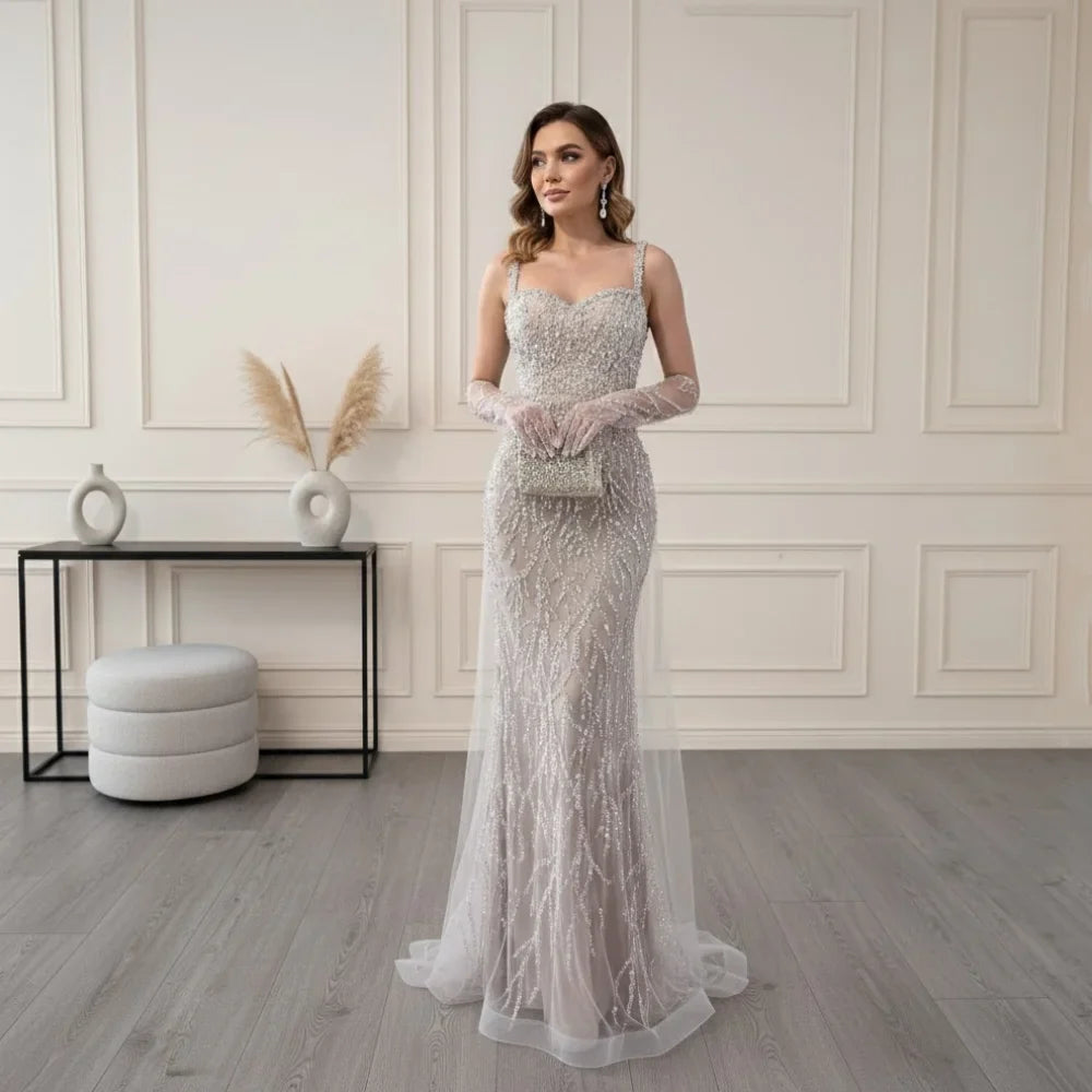 Zapdress White Nude Mermaid Pearls Evening Dresses with Gloves Wedding Party Gowns for Women 2026 Customized DLA72345E (ZD17304)