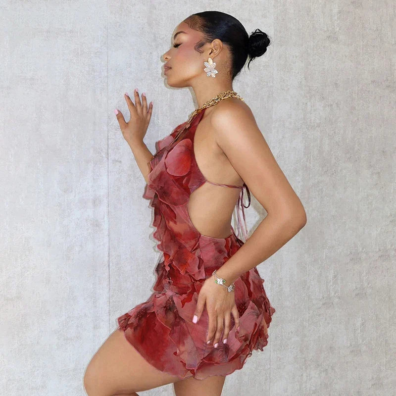 Floral Ruffle Halter Backless Mini Dress - View 2 | VelvetHem