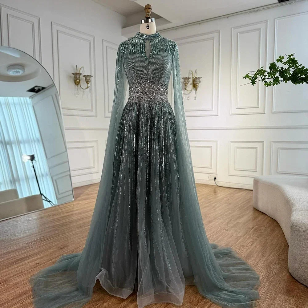 Elegant Modest Blue Beaded Evening Dress with Cape Sleeves Dubai Gown Zapdress 2025 Customized (ZD17239)