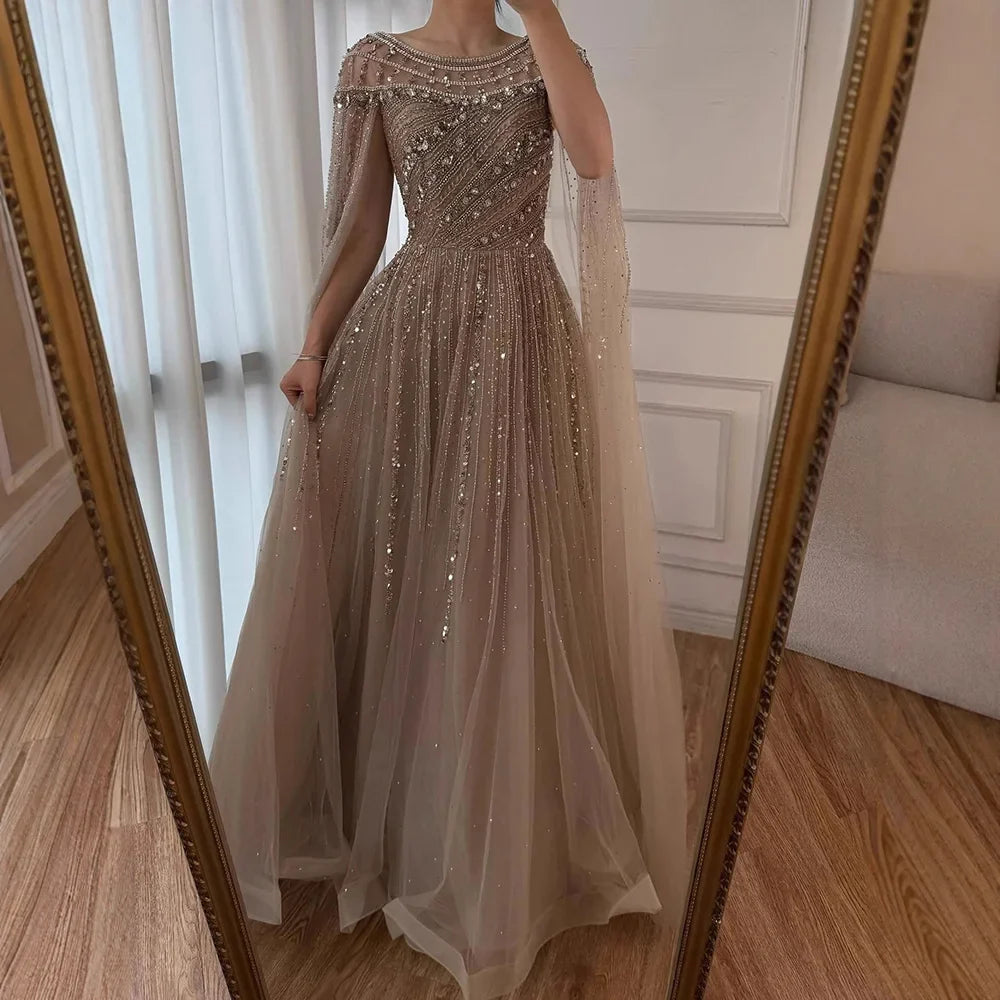 Zapdress Pink A-line Evening Dress with Cape Sleeves Beaded Wedding Party Gowns for Women DLA72994 Customized (ZD17258)
