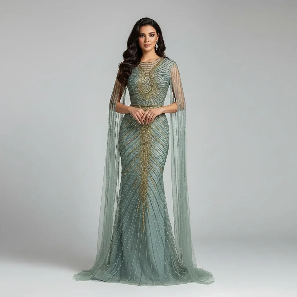 Zapdress Luxury Beaded Mermaid Evening Dresses with Cape Sleeves Caramel Formal Party Gown for Women Customized (ZD17180)