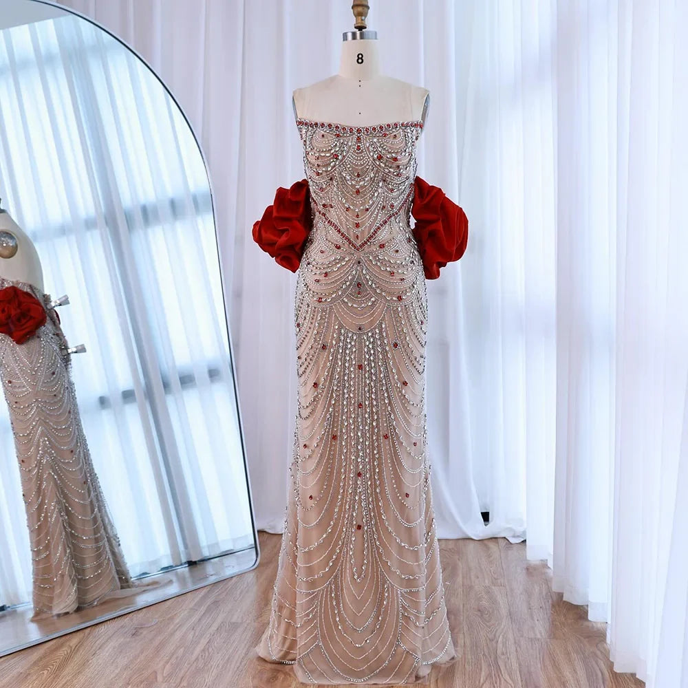 Luxury Beaded Evening Dresses with Elegant Puff Sleeves Pearl Beaded Adorned Design Zapdress DLA72903 Customized (ZD17265)
