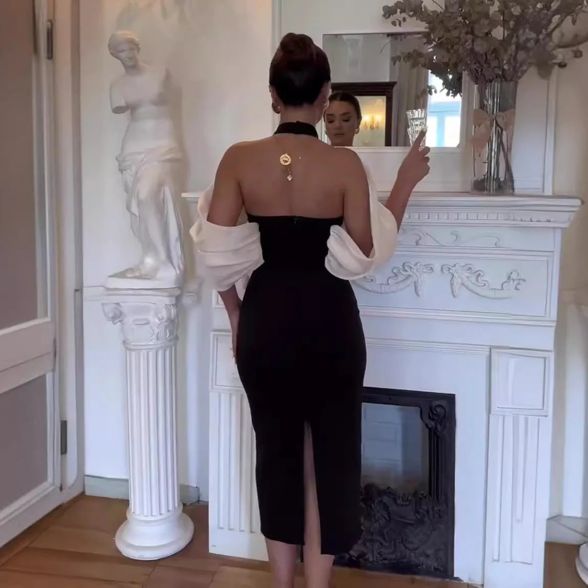 Black Color Women Sexy Off the Shoulder Florals Bodycon Mid-Calf Dress Birthday Party Celebrate Homecoming Dress Wholesale