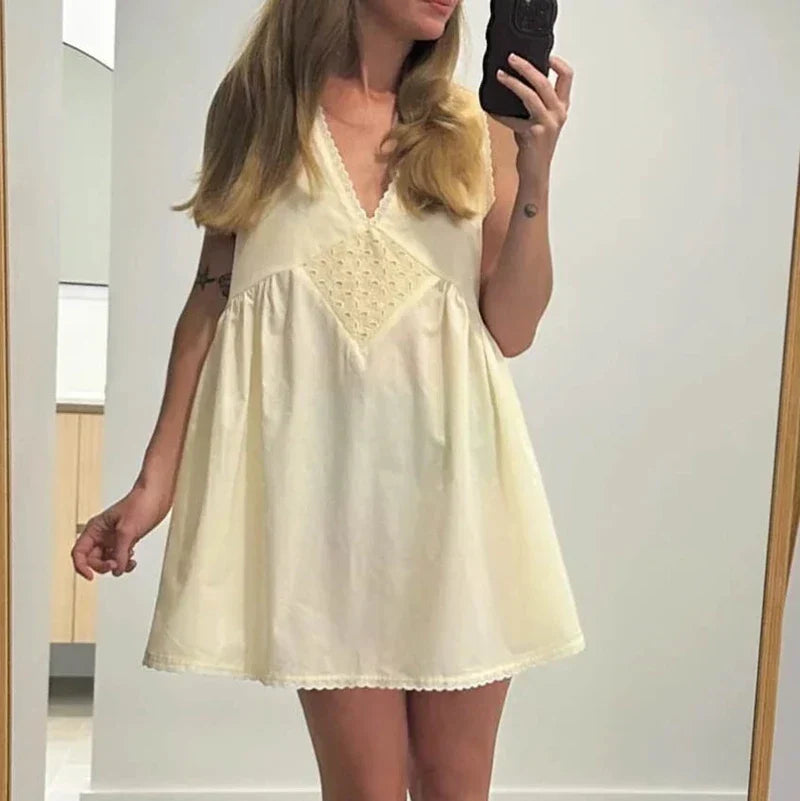 Lace Trim V Neck Flowy A-Line Mini Dress - View 2 | VelvetHem