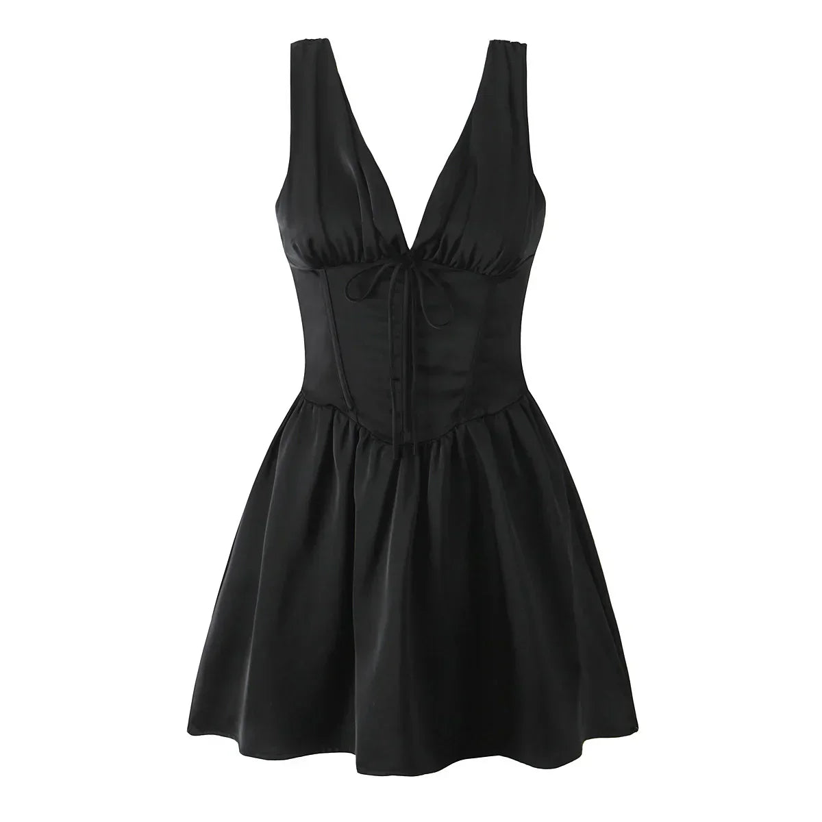 Stain Pleated Ruched Strap Bow Folds Hem Mini Dress