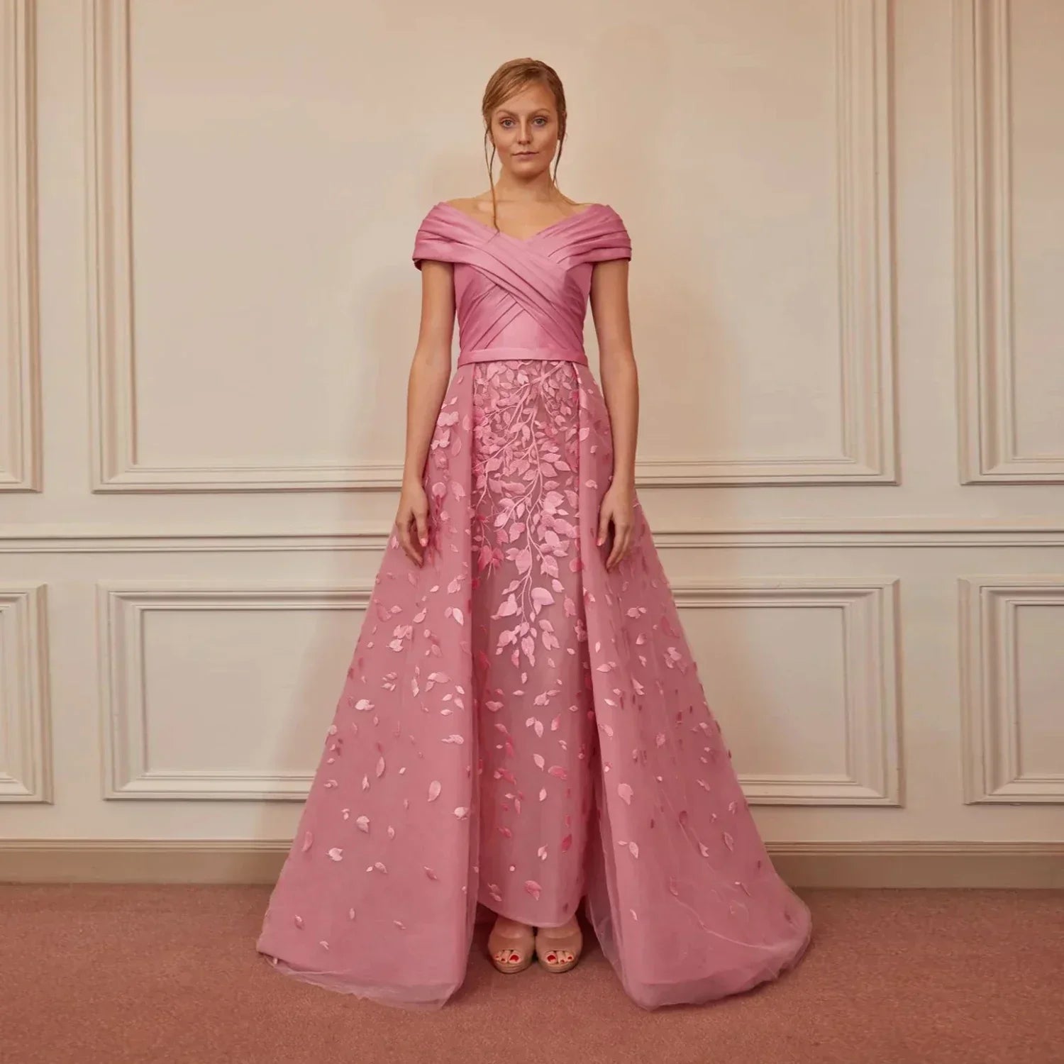 Elegant Pink Long Evening Dresses Women Off the Shoulder Appliqued Organza Formal Occasion Dress فساتين السهرة Pink