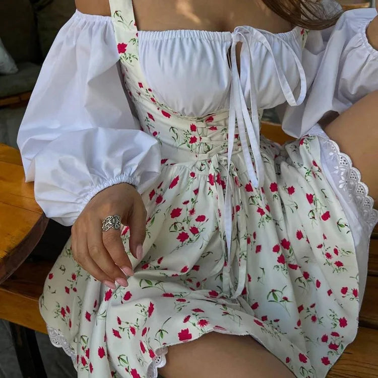 Puff Sleeve Patchwork Print Dresses Sexy Spaghetti Strap Lace Up Short Bubble Dresses Women Summer Party Vacation Dress