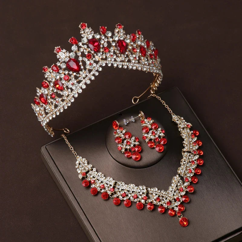 Luxury Silver Color Crystal Water Drop Bridal Jewelry Sets Rhinestone Tiaras Crown Necklace Earrings Wedding Dubai Jewelry Set TS-0005-H-XL-0003-B Tiaras