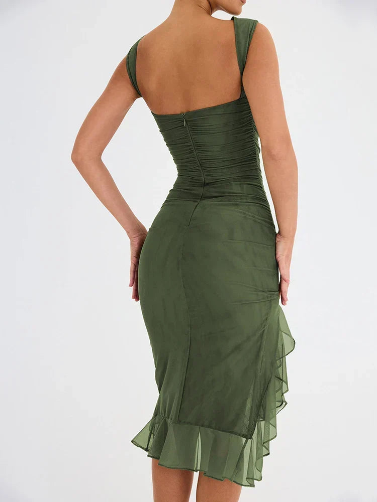 Elegant Ruffle Ruched Backless Midi Dress - View 4 | VelvetHem