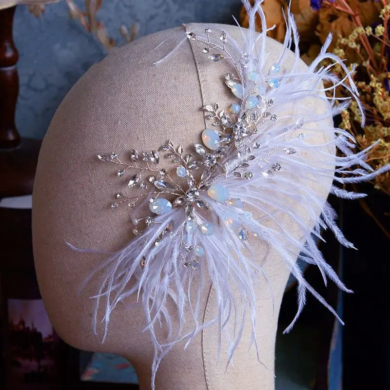 Wedding Hair Accessories Feather Headband Hairband Silver Color Headwear For Brides Women Crystal Opal Headpieces Bridal Jewelry