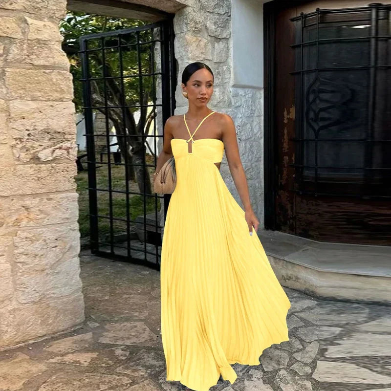 Pleated Blue Halter Maxi Dress - View 8 | VelvetHem