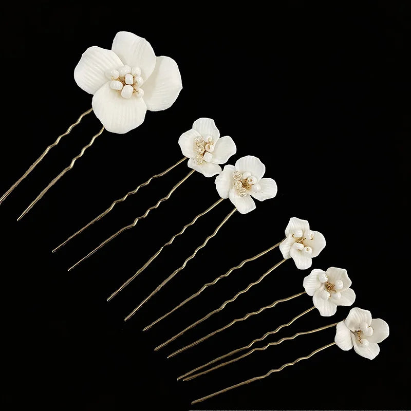 Porcelain Flower Hairpins White Floral Hair Pins Clips For Brides Bridesmaids Head Pieces Wedding Accessories Bridal Jewelry - FashionDia
