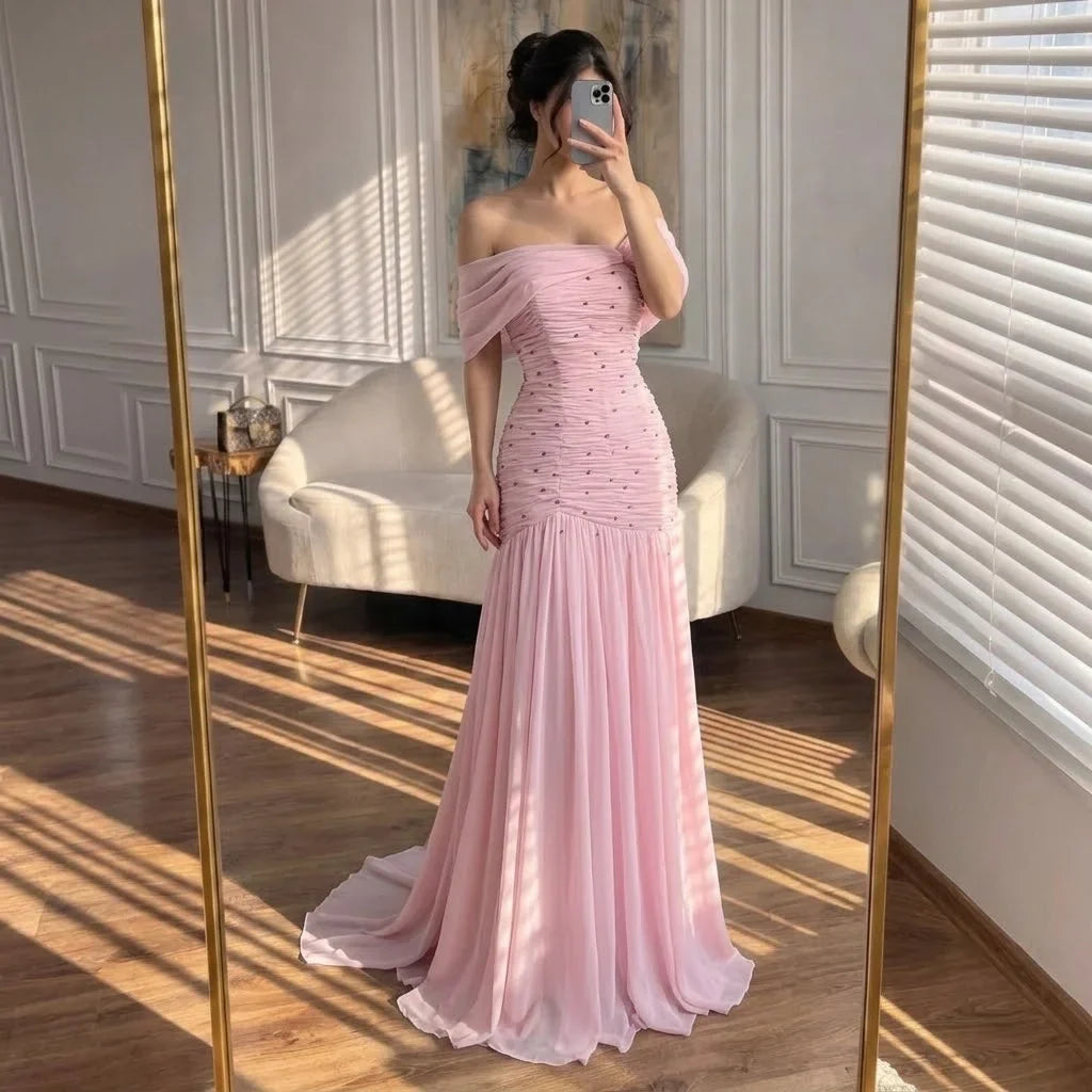 Zapdress Pink Chiffon Mermaid Evening Gowns 2026 Elegant Mermaid Off-Shoulder Pleated Ruched Prom Dresses LA73347 Customized (ZD17312)