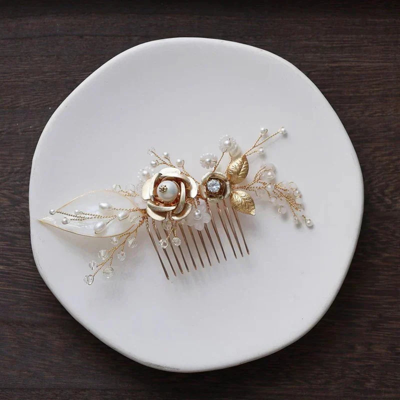 Wedding Accessories Flower Leaf Hair Comb Clip Pin Pearl Crystal Hairpin For Brides Women Gold Color Head Piece Bridal Jewelry a
