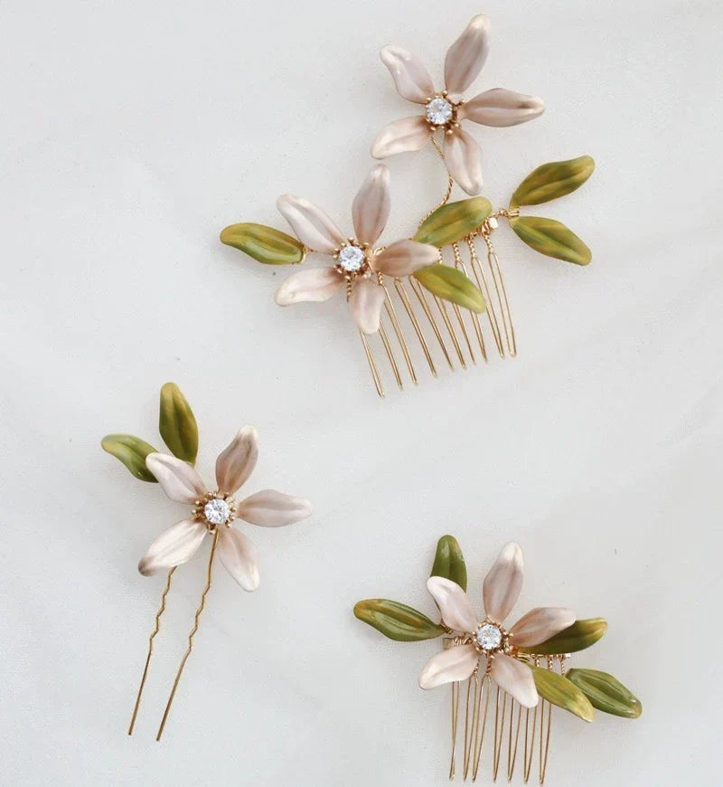 Bridal Jewelry Flower Hair Comb Pin Clip Gold Color Hairpin For Brides Leaf Crystal Rhinestones Head Pieces Wedding Accessories - FashionDia