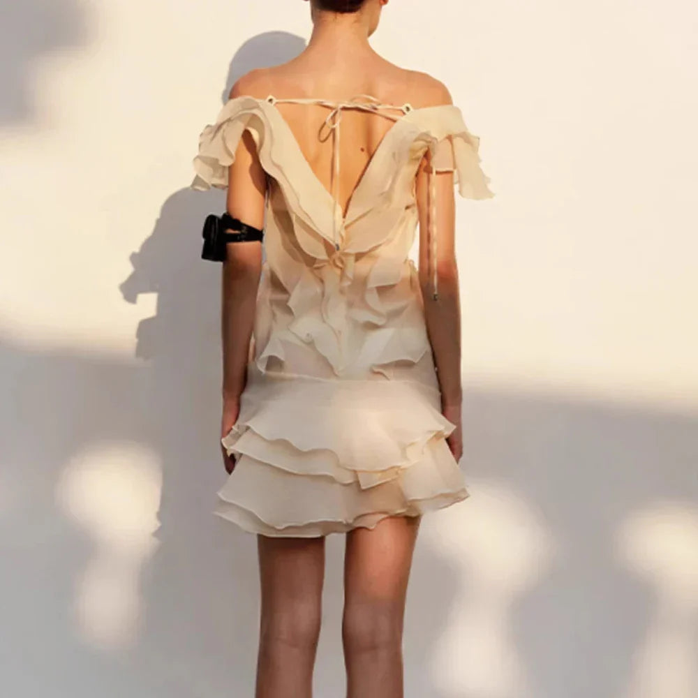 Slash Neck Ruffle Spliced Floral Dress - View 3 | VelvetHem