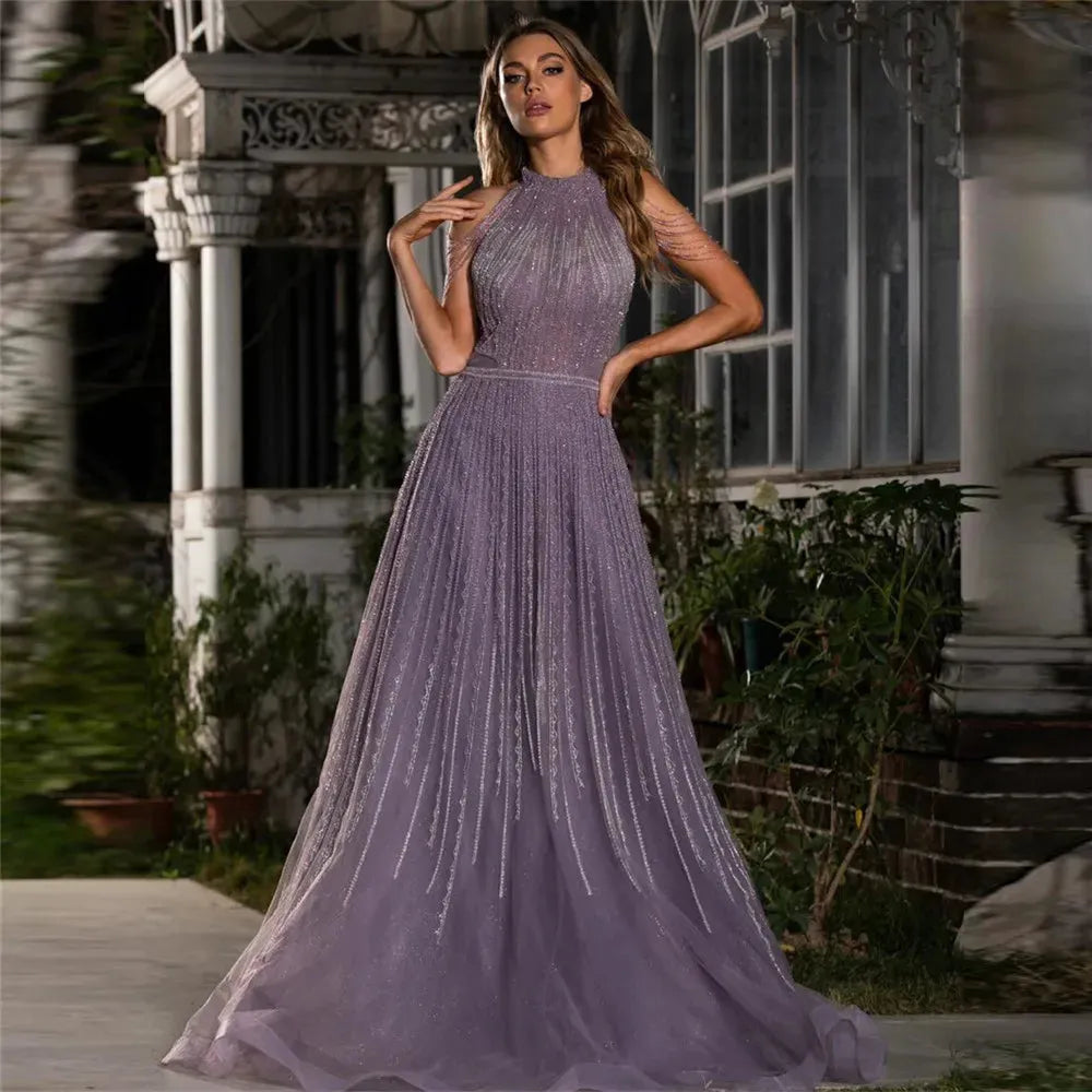 Elegant Purple Prom Dress A-Line Halter Sequineds Sleeveless Ruched Formal Evening Dress Floor Length Party Gown Purple