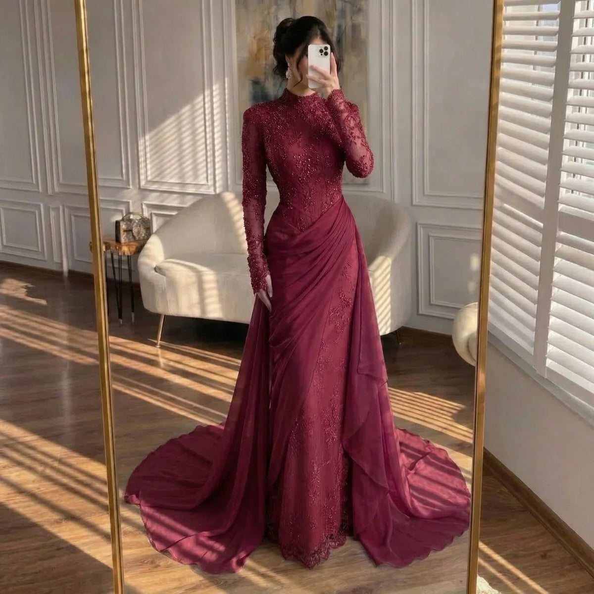 Zapdress Customized Wine Red Mermaid Evening Dresses with Wrap Skirt High-End Lace Formal Party Gowns for Women (ZD17283) - View 7 | VelvetHem