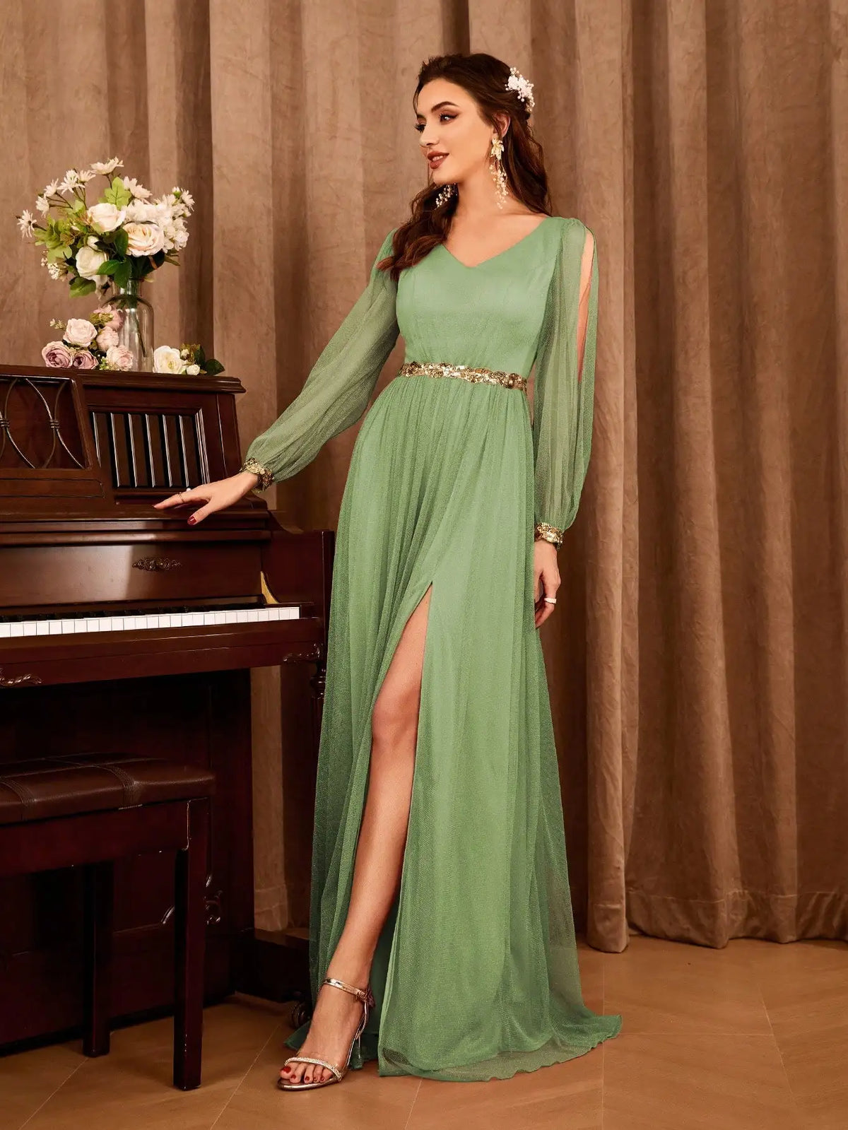 Gauze Applique Slit V-neck Maxi Dress - View 4 | VelvetHem