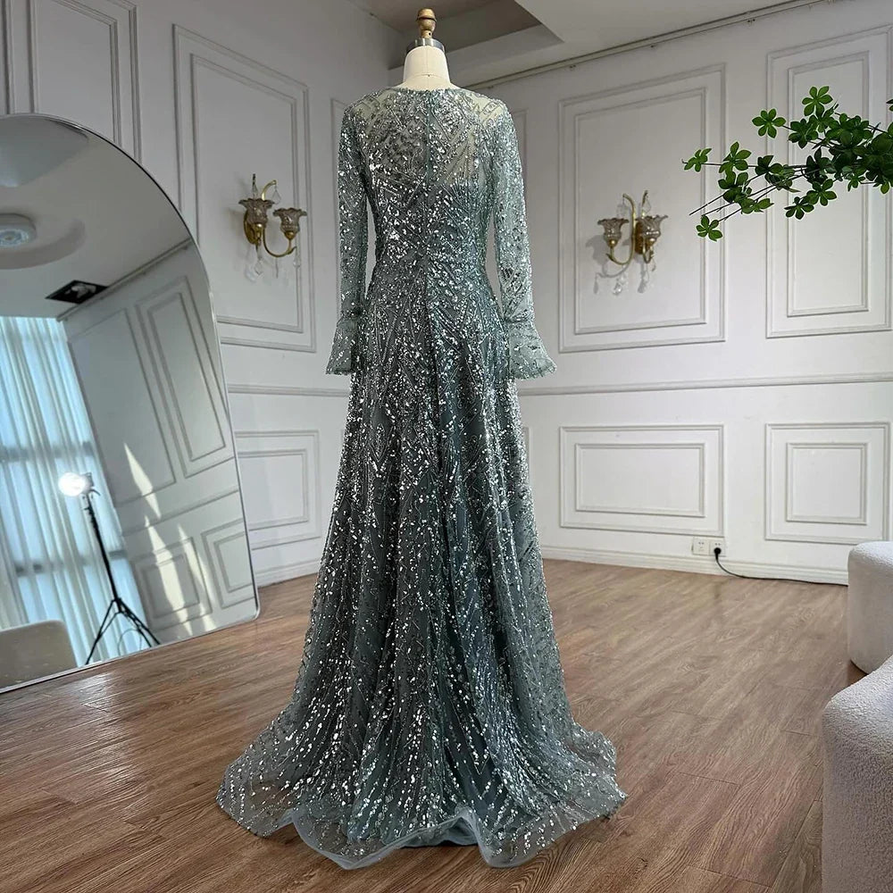 Zapdress Turquoise Long Sleeves A Line Pearls Beaded Evening Dresses Elegant Party Gowns for Women DLA73177 Customized (ZD17208)