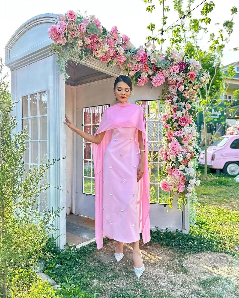 Pink Evening Dress With Cape Ankle Length Prom Dress Garden Formal Occasion Prom Gowns For Women Vestidos