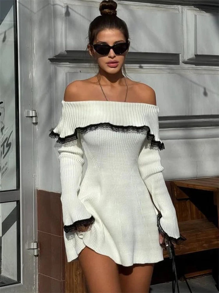 Fresia - Contrast - Lace Off - Shoulder Mini Dress
