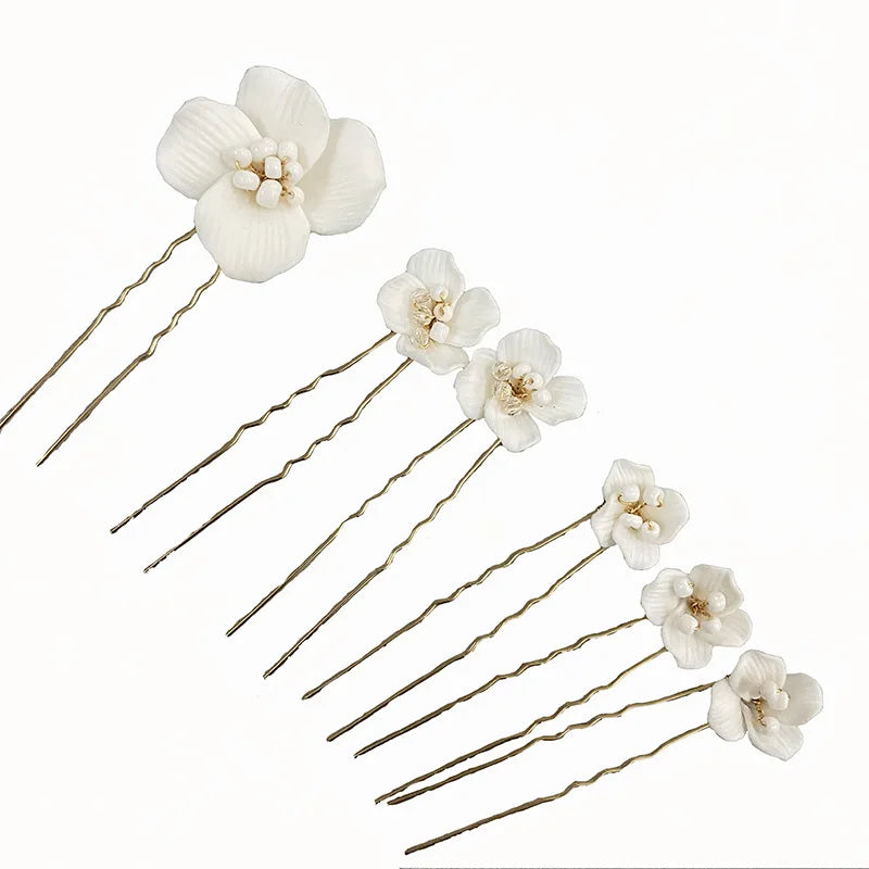 Porcelain Flower Hairpins White Floral Hair Pins Clips For Brides Bridesmaids Head Pieces Wedding Accessories Bridal Jewelry - View 5 | FashionDia