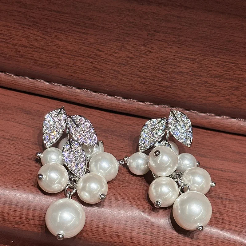 Leaf Pearl Zircon Bridal Earrings Silver Color Zirconia Wedding Earring For Brides Bridesmaids Accessories Women Gift Jewelry - View 3 | FashionDia