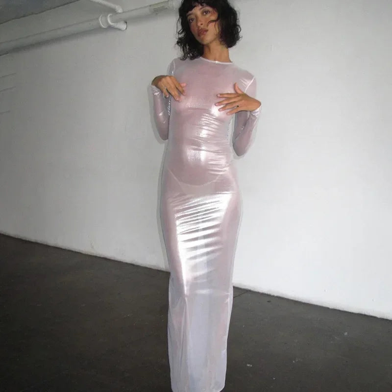 O - neck Full Sleeve Solid Color Mesh Dress