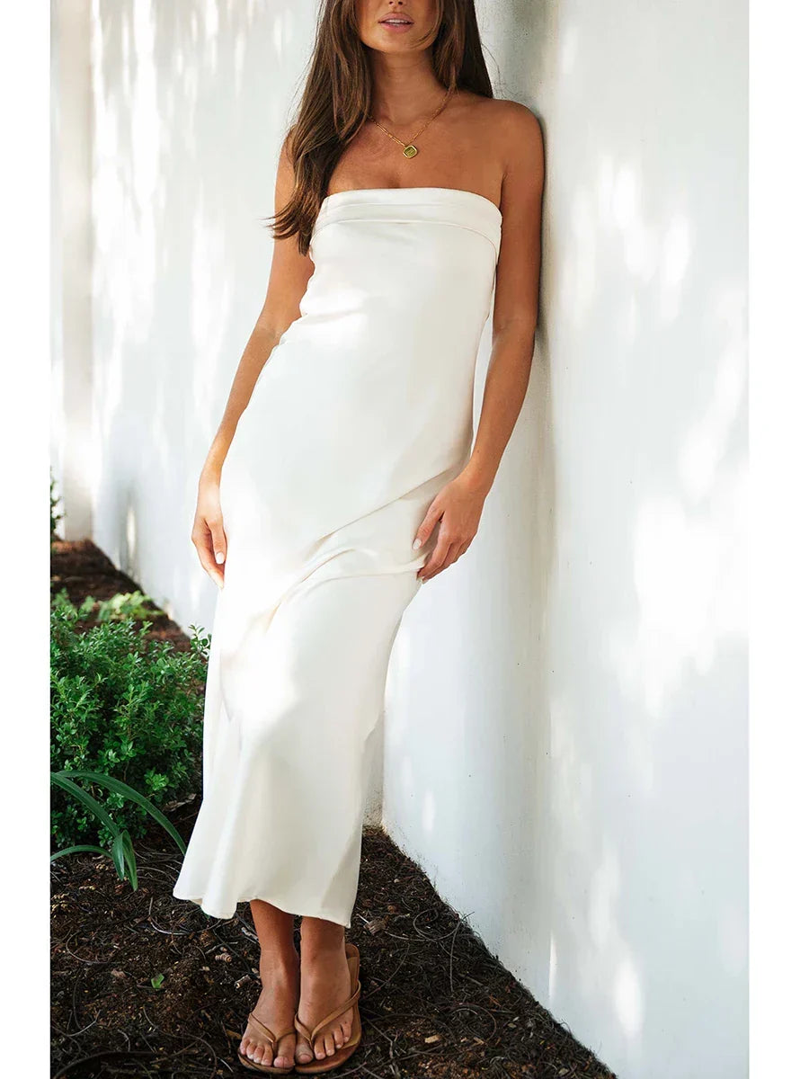 Off Shoulder Tube Elastic Silk Dress - View 5 | VelvetHem