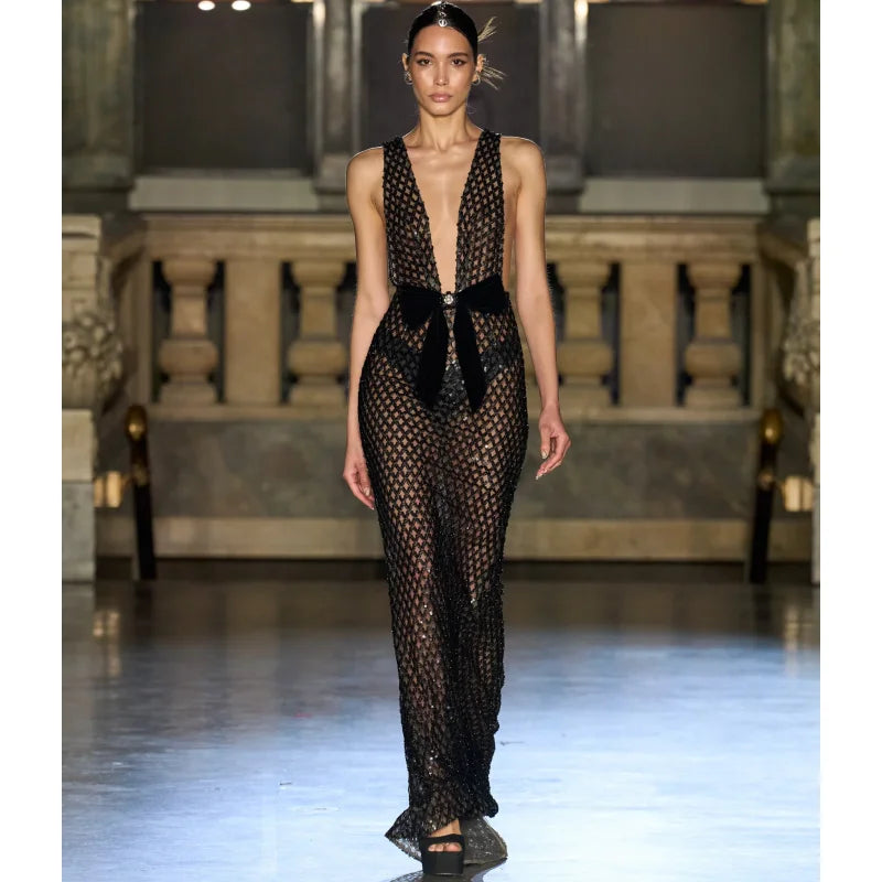 Black Bows Shining Sequin Sexy V-Neck Sleeveless Mesh See Through Long Dress Fashion Woman Evening Dress Celebrity Party Outfit