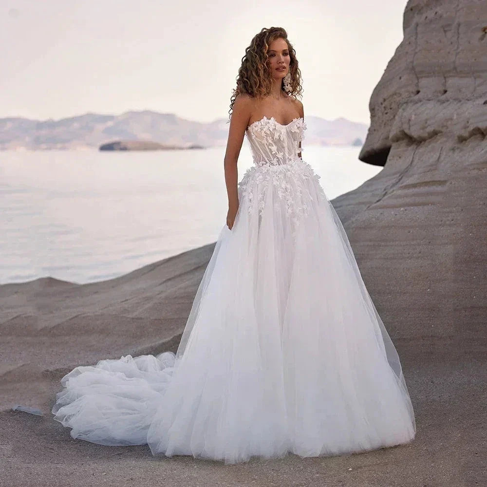 Boho Detachable Off Shoulder Long Puff Sleeves Wedding Dress Sweetheart Appliques Vestido De Noiva A Line Vestidos De Novia (ZD14048)