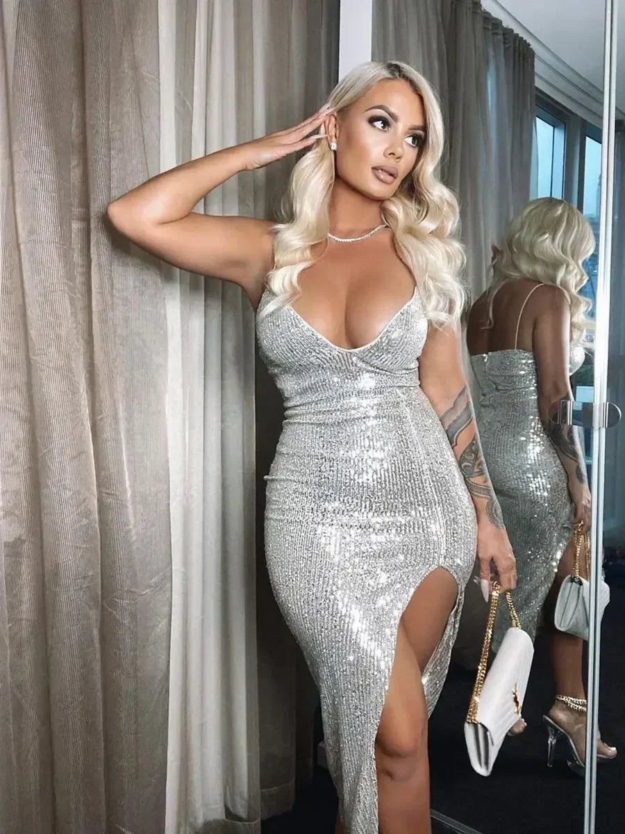 Sequin Deep V Split Bodycon Midi Dress