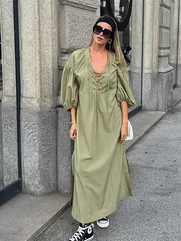 Casual Street Lace Up Long Dresses Women Chic Loose V neck Side Slit Solid Dress Female Summer Versatiel Street Party Robes