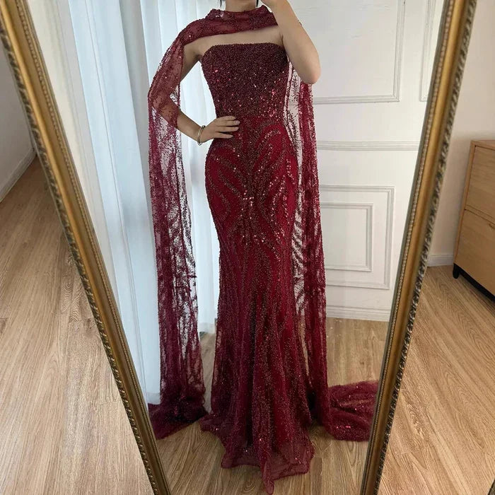 Zapdress Red Mermaid Detachable Cape Sleeves Evening Dresses with Lace Up Back Party Gowns for Women DLA72824 Customized (ZD17177) - View 8 | VelvetHem
