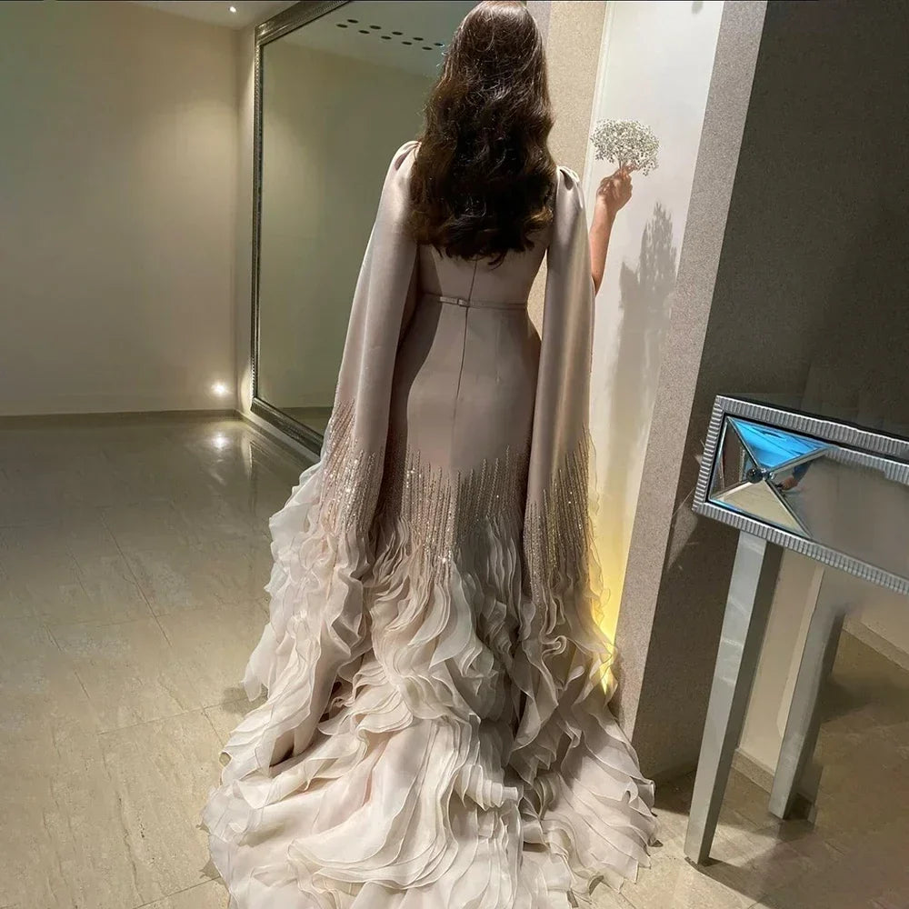 Zapdress 2025 Champagne Mermaid Luxury Cape Sleeves Beaded Satin Saudi Evening Dresses Gowns for Party DLA72317A Customized (ZD17235) - View 3 | VelvetHem
