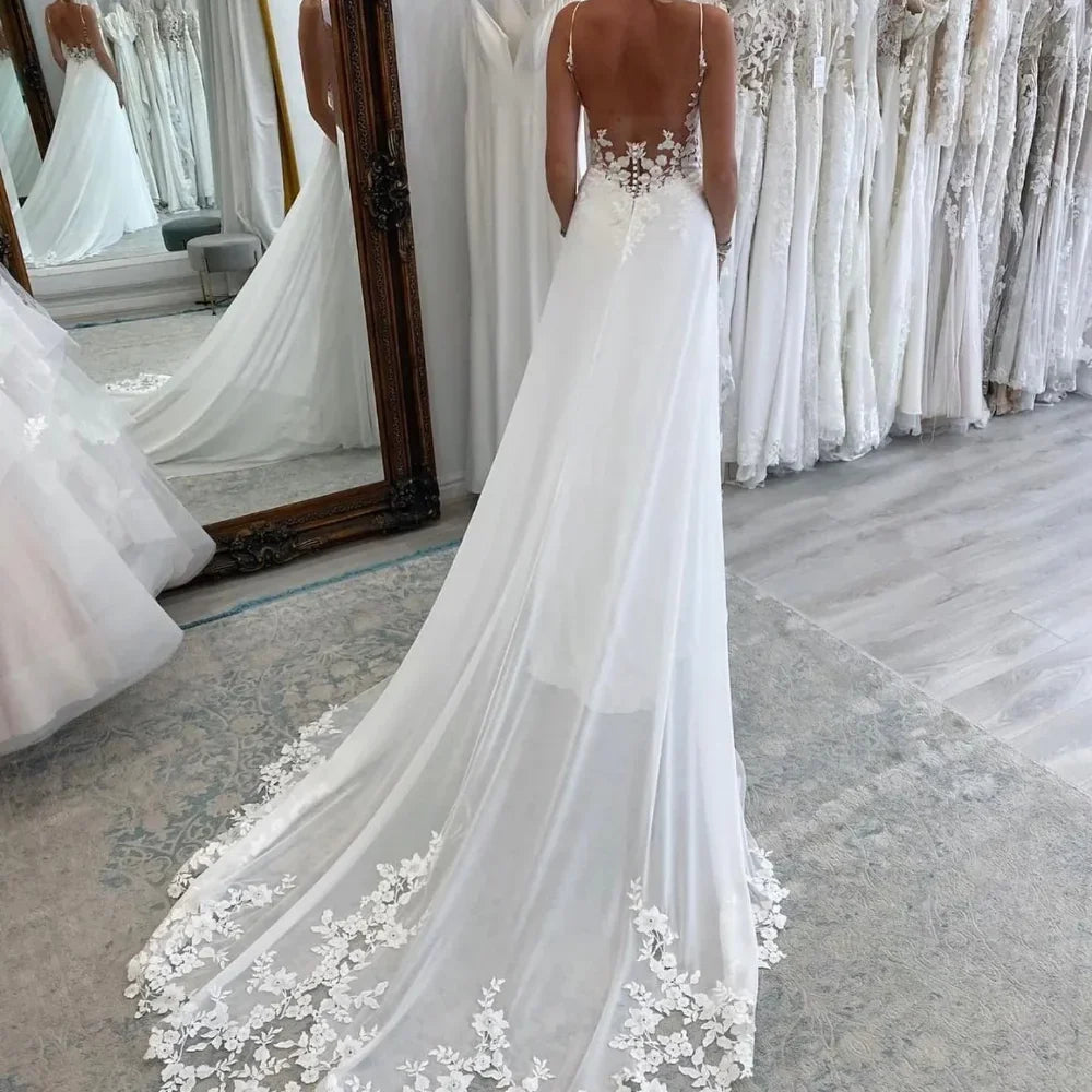 Beach Chiffon Wedding Dress Backless V-Neck Spaghetti Straps A-Line Bridal Gown with Lace Appliqu�s - View 3 | VelvetHem