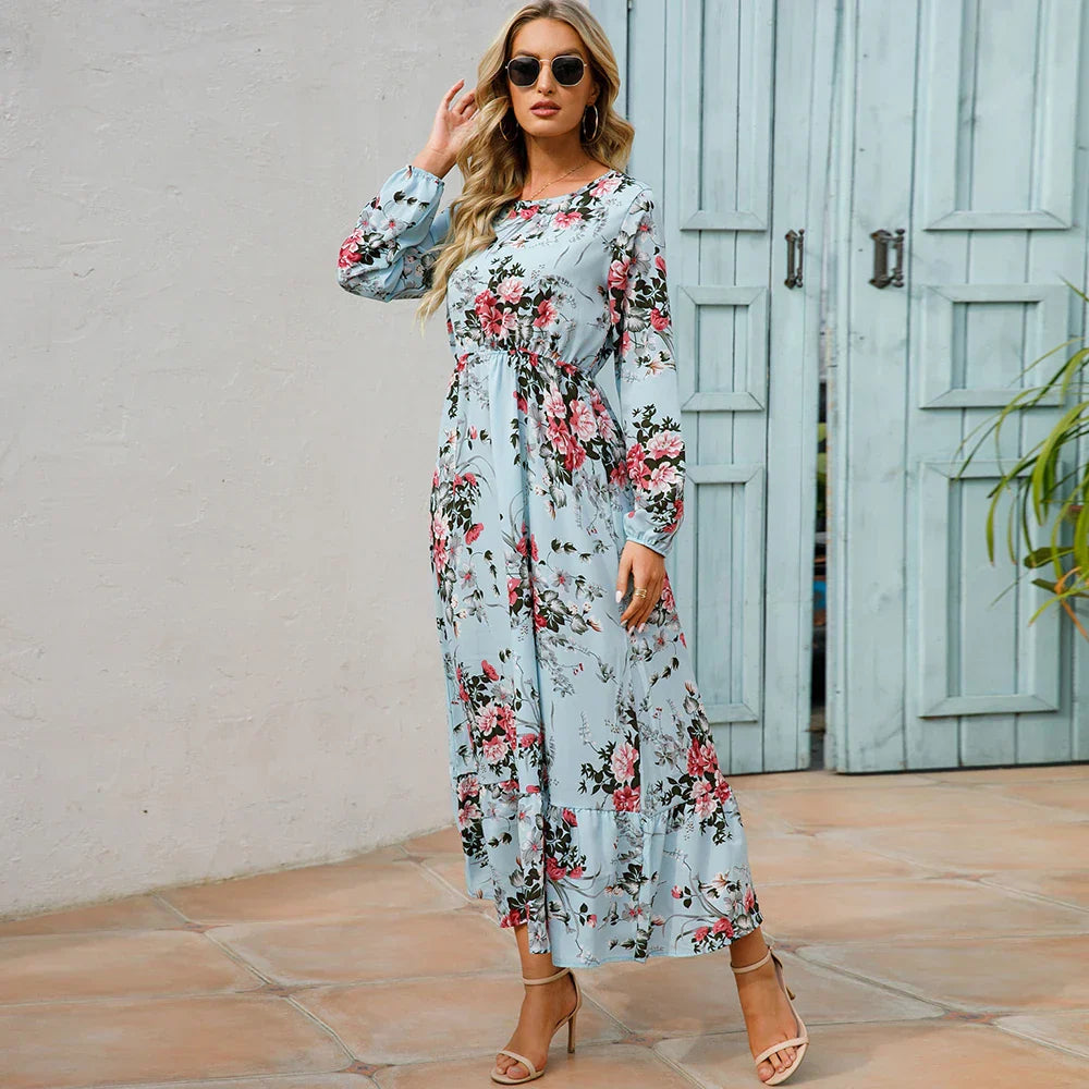 Natasha Effortless Women's Bohemian Floral Chiffon Maxi Dress with Long Sleeves Elevated Occasion Wear