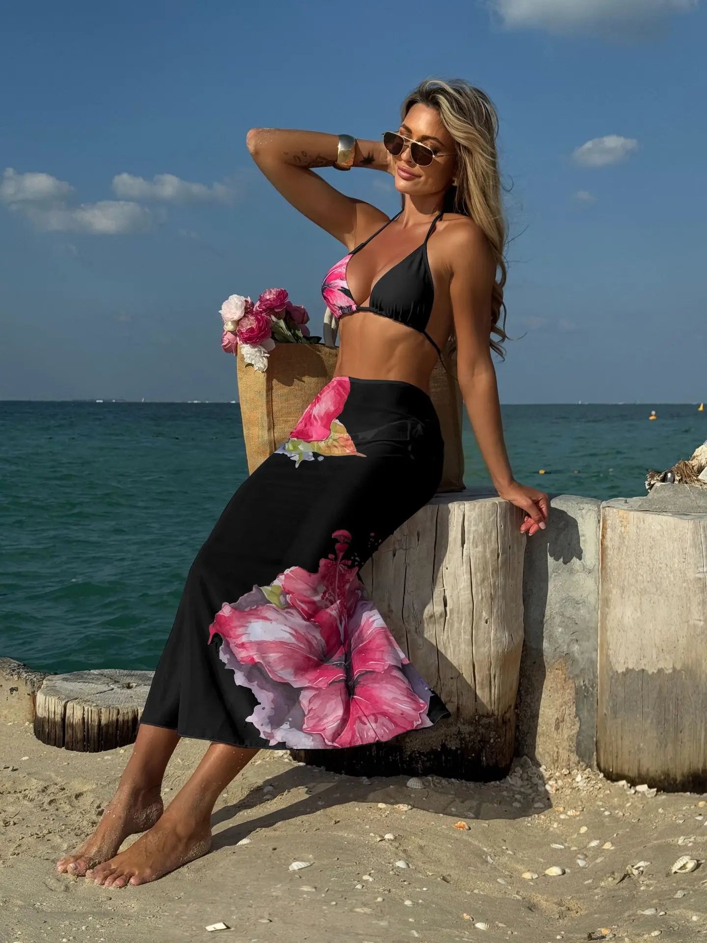 Long Dress Cover Up Bikini Three Piece Swimsuit