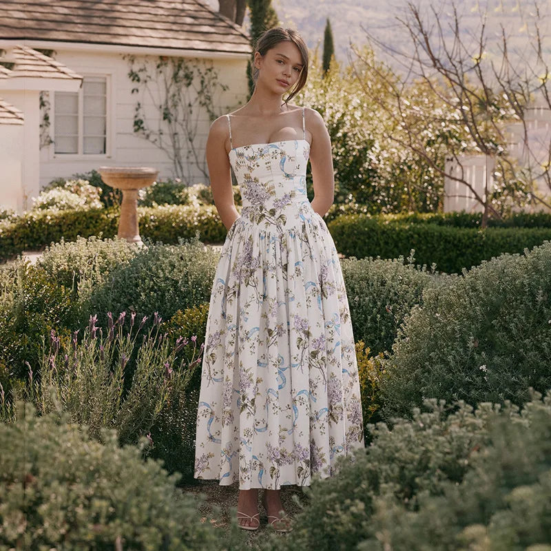 Pleated Print A-line Spaghetti Summer Dress - View 5 | VelvetHem