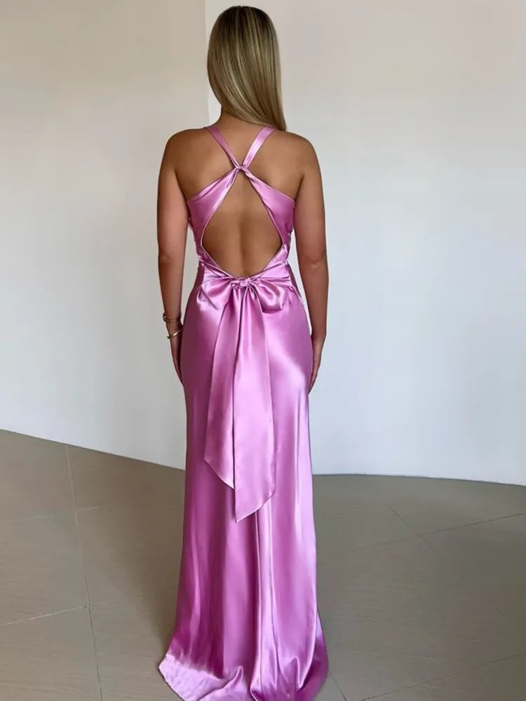 Satin Ruched Backless Maxi Dress - View 5 | VelvetHem