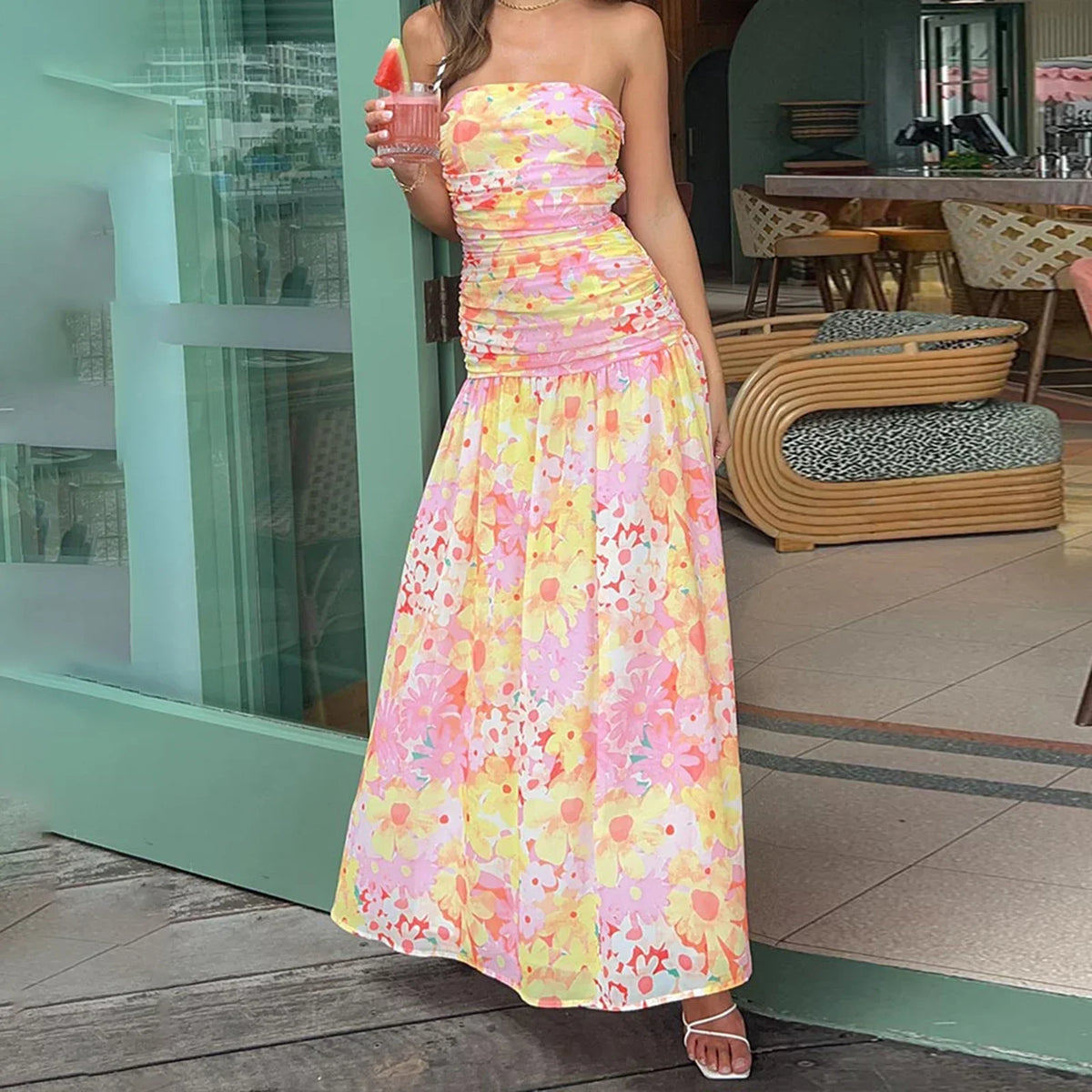 Strapless Pleated A-Line Floral Dress - VelvetHem