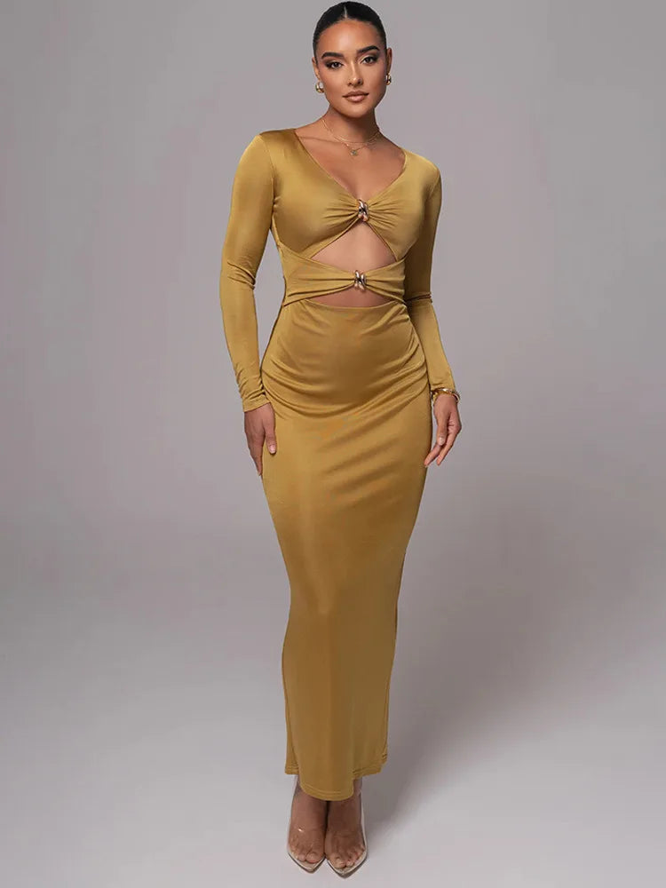 Hollow Long Sleeve Bodycon Midi Dress - VelvetHem