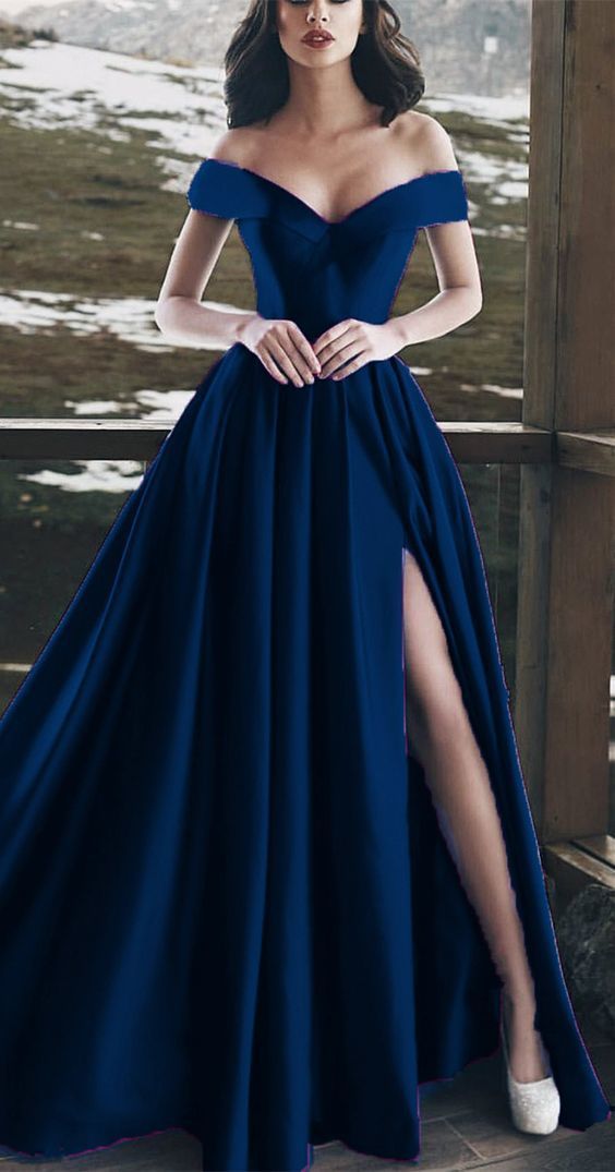 Navy Blue Evening Gowns Long Satin Split Prom Dresses S6535 - VelvetHem