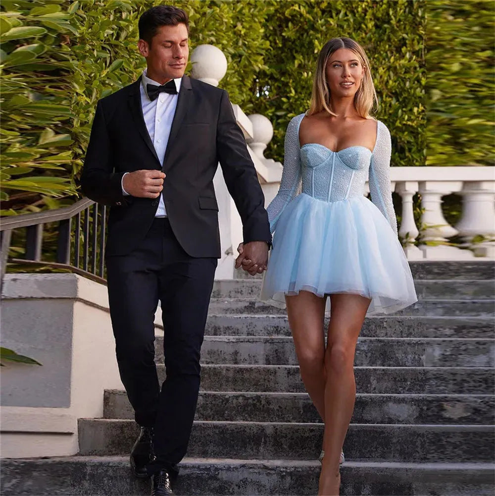 Sky Blue Tulle Prom Dresses Square Collar Above Knee Sequineds Pleat Ruched Homecoming Dresses vestidos de graduación