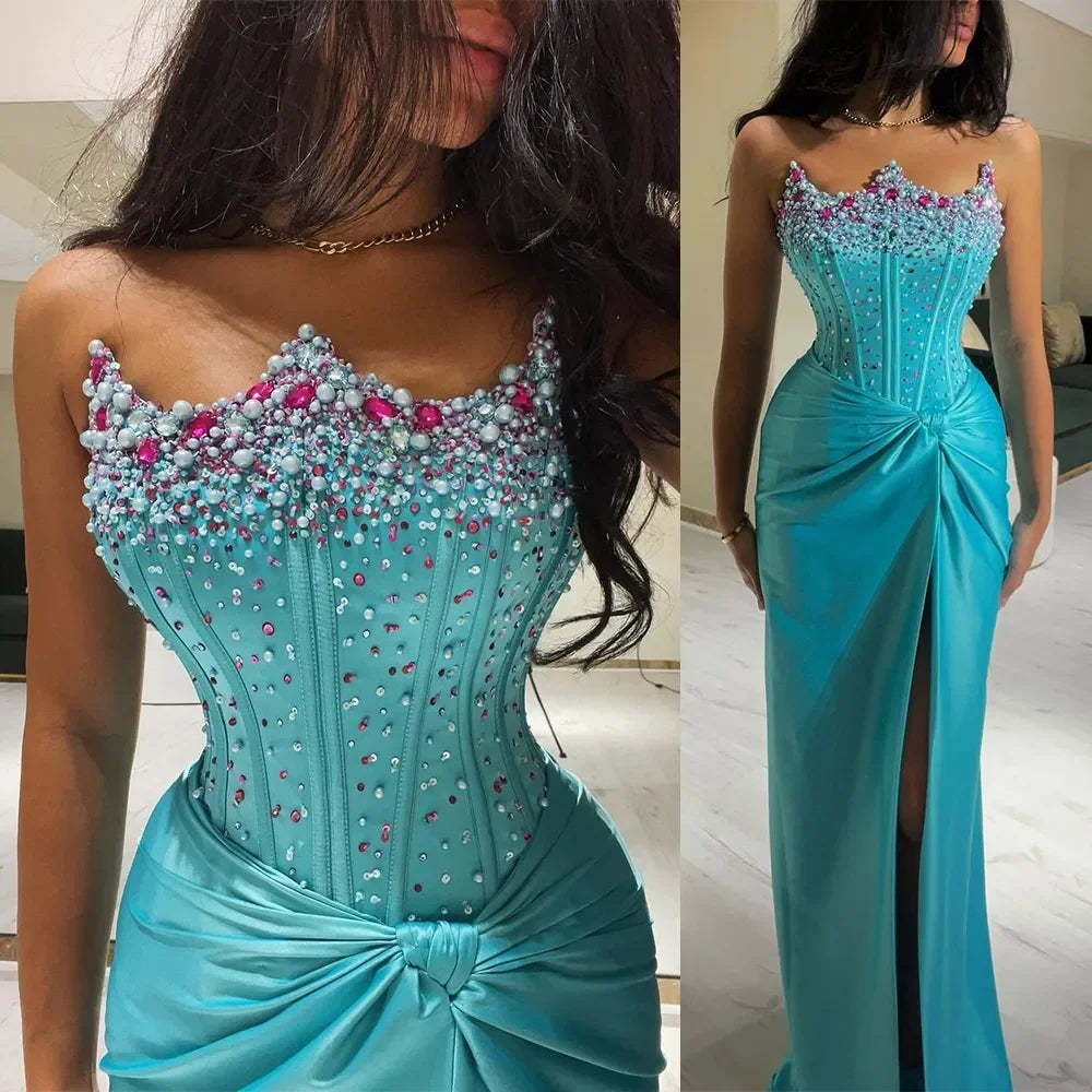 Customized Sexy Mermaid Sparkle Evening Dresses For Women Satin Beaded Party Dresses Formal Occasion Prom Gowns Vestidos De Gala PURPLE