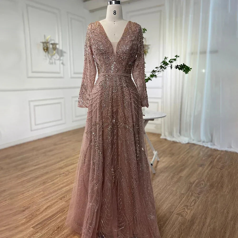 Zapdress Ccustomized Rose Gold Long Sleeves A-Line Beaded Evening Party Gowns Mother of the Bride Dress DLA70287L (ZD17336) - VelvetHem